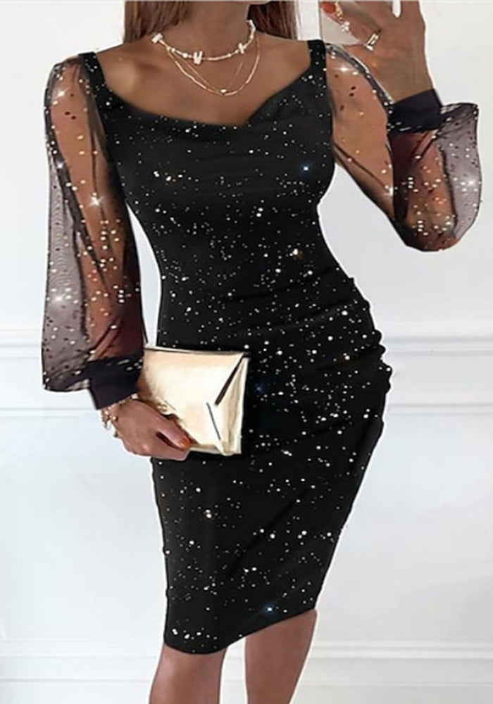 Chic Elegant Sexy V-Neck Mesh Sleeve Shiny Women's Evening Dress