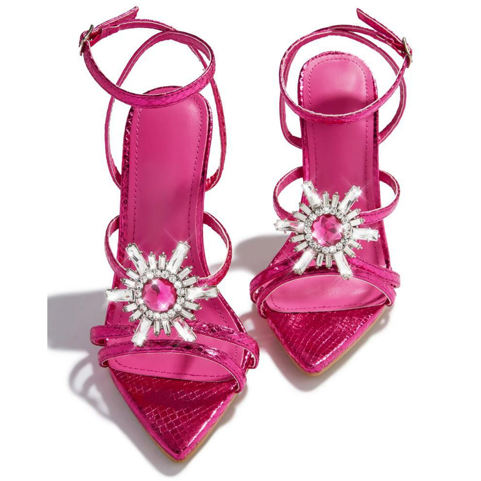 Solid Color Pointed Toe Sun Buckle Rhinestone High Heels Open Toe Sandals Women's Summer High Heels 3