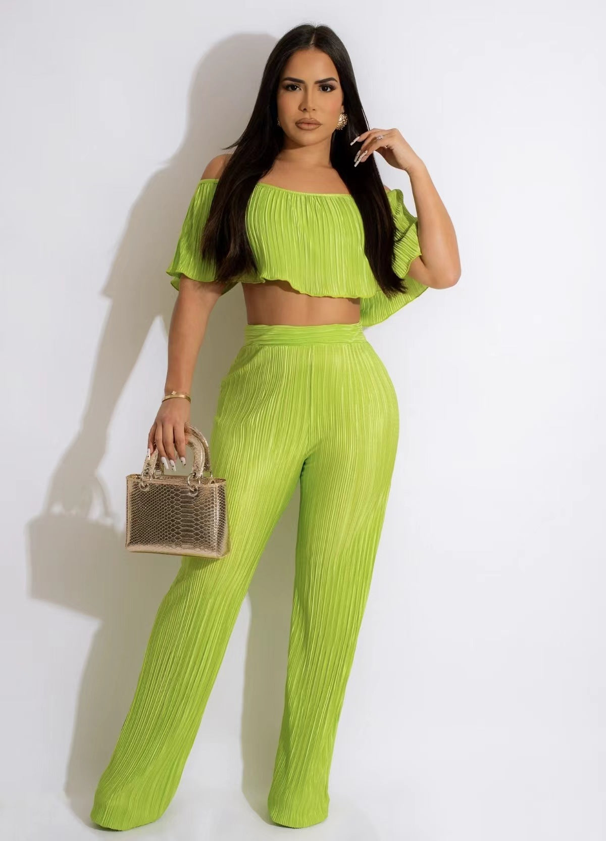 Women'S Solid Color Off-Shoulder Top Bell Bottom Pants Two-Piece Set 3
