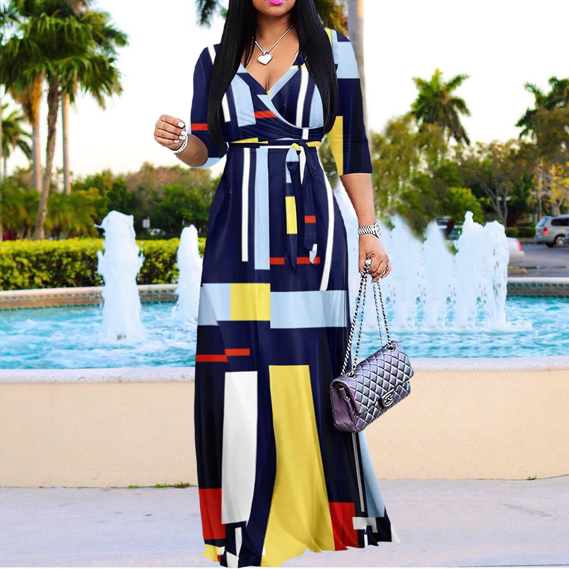 Women Casual Floral Print Sexy V-neck Half-Sleeve Dress 4