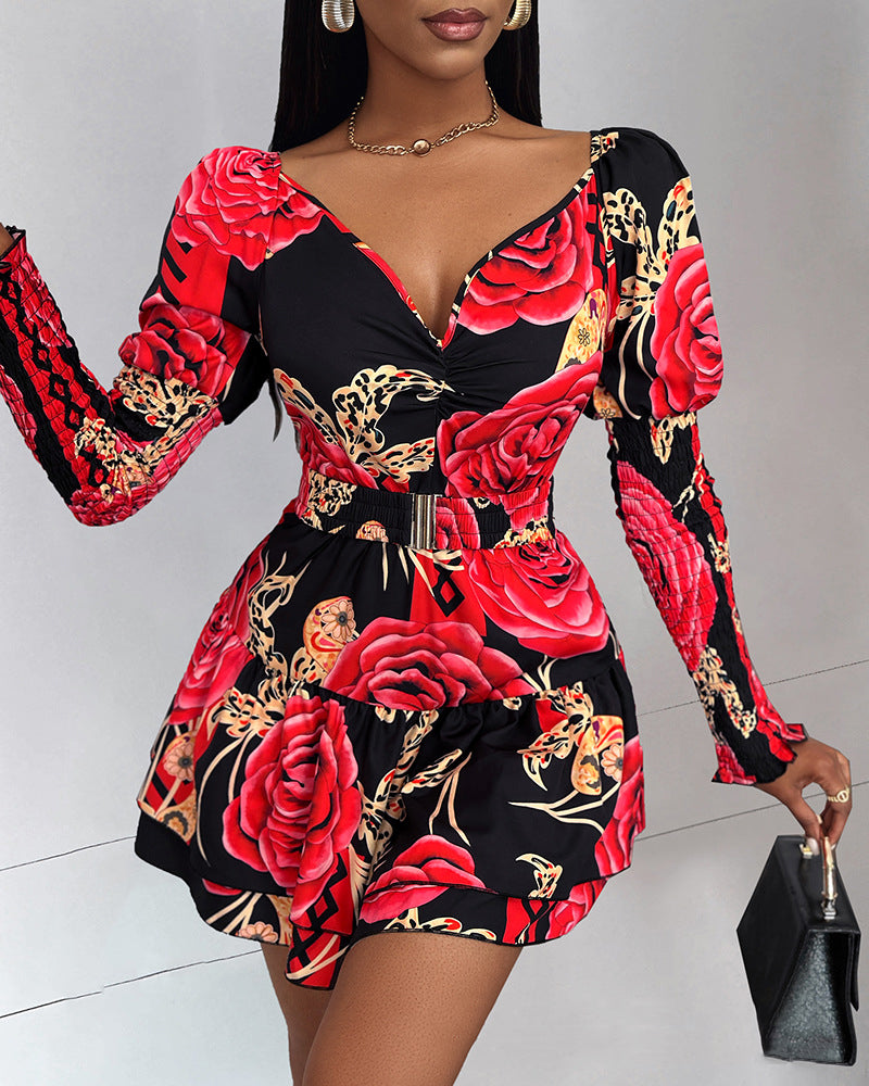 Women floral print V-neck puff sleeve dress 4