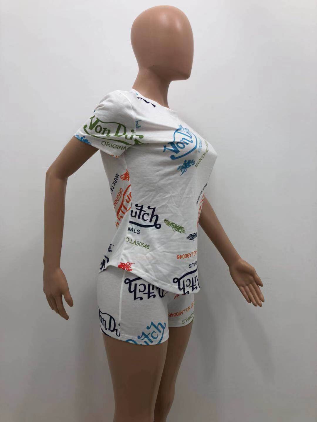 Women Sexy Letter Print Round Neck Short Sleeve Top and Shorts Two Piece Set 23