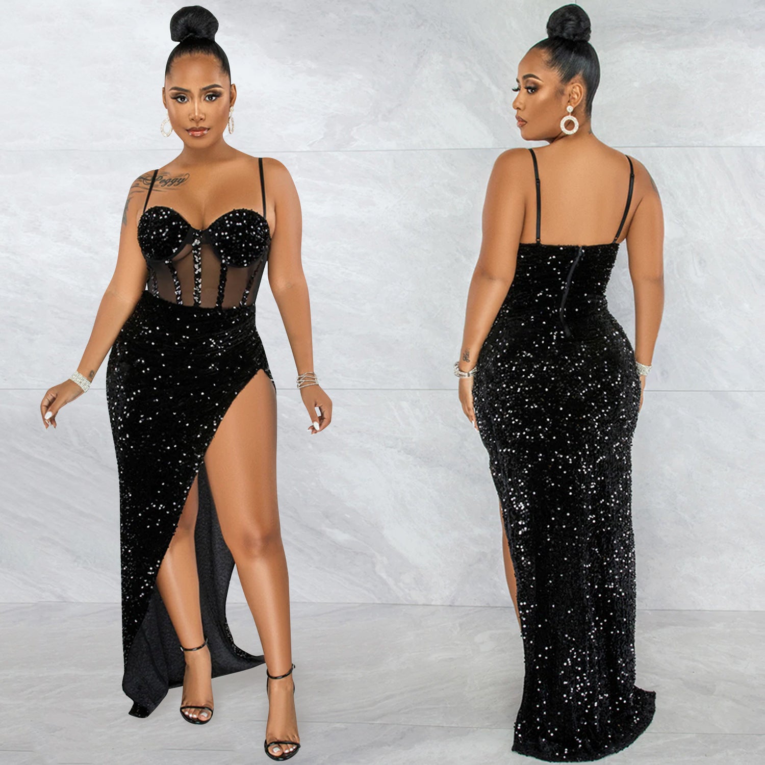 Women Fashion Strap Sequin Mesh See-Through Irregular Split Evening Dress 7