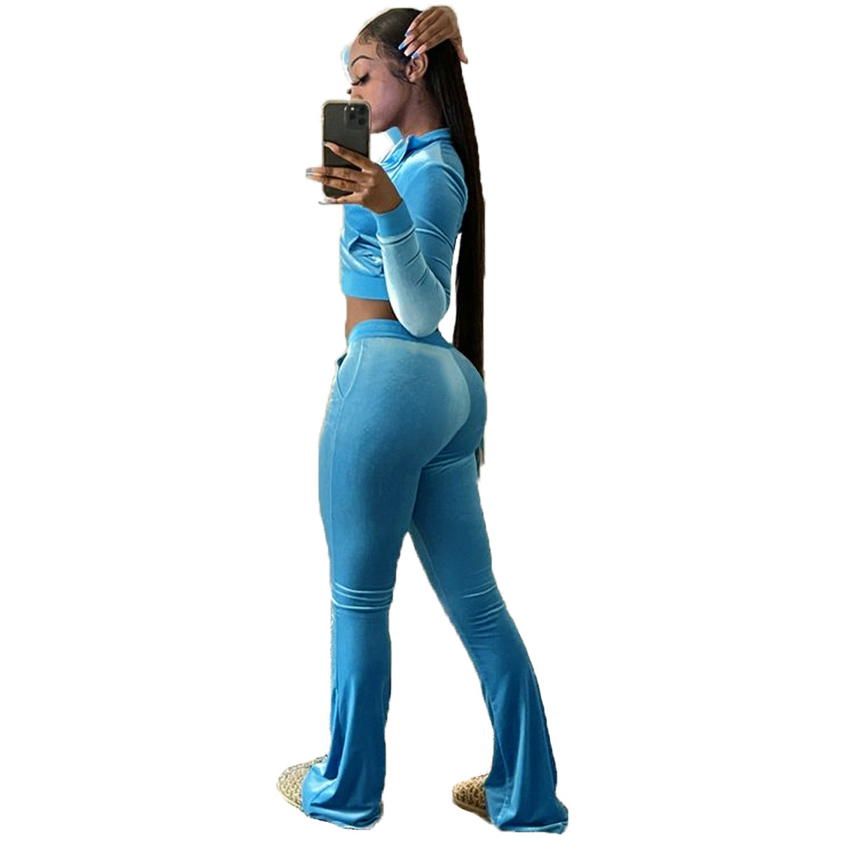 Women's Solid Color Velvet Long Sleeve Sexy Zipper Crop Top Pants Casual Sports Two Piece Set 14