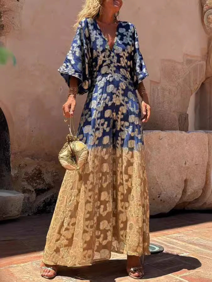 Print V-Neck Low Back Slim Waist Wide-Leg Jumpsuit