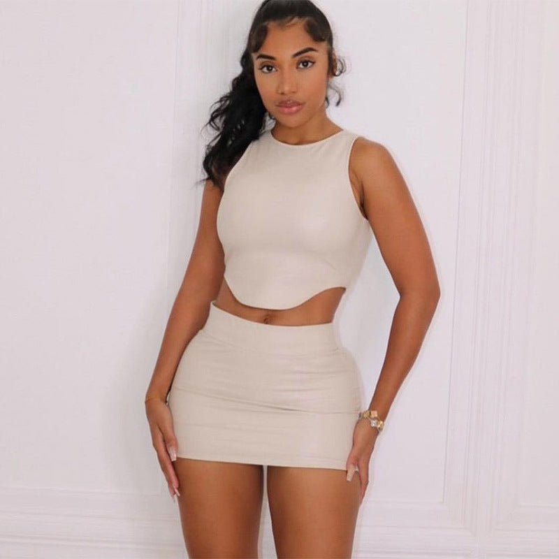 Autumn Women's Fashion Pu Sleeveless Vest Bodycon Short Skirt Two Piece Set