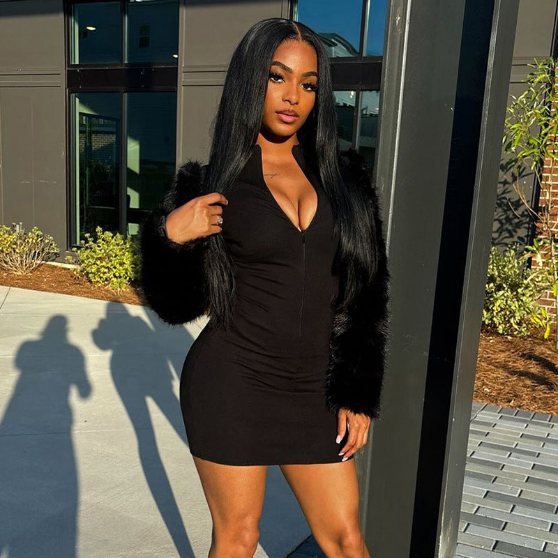 Women Autumn Zipper Neck Long-Sleeved Fur Paneled Sexy Bodycon Dress 3