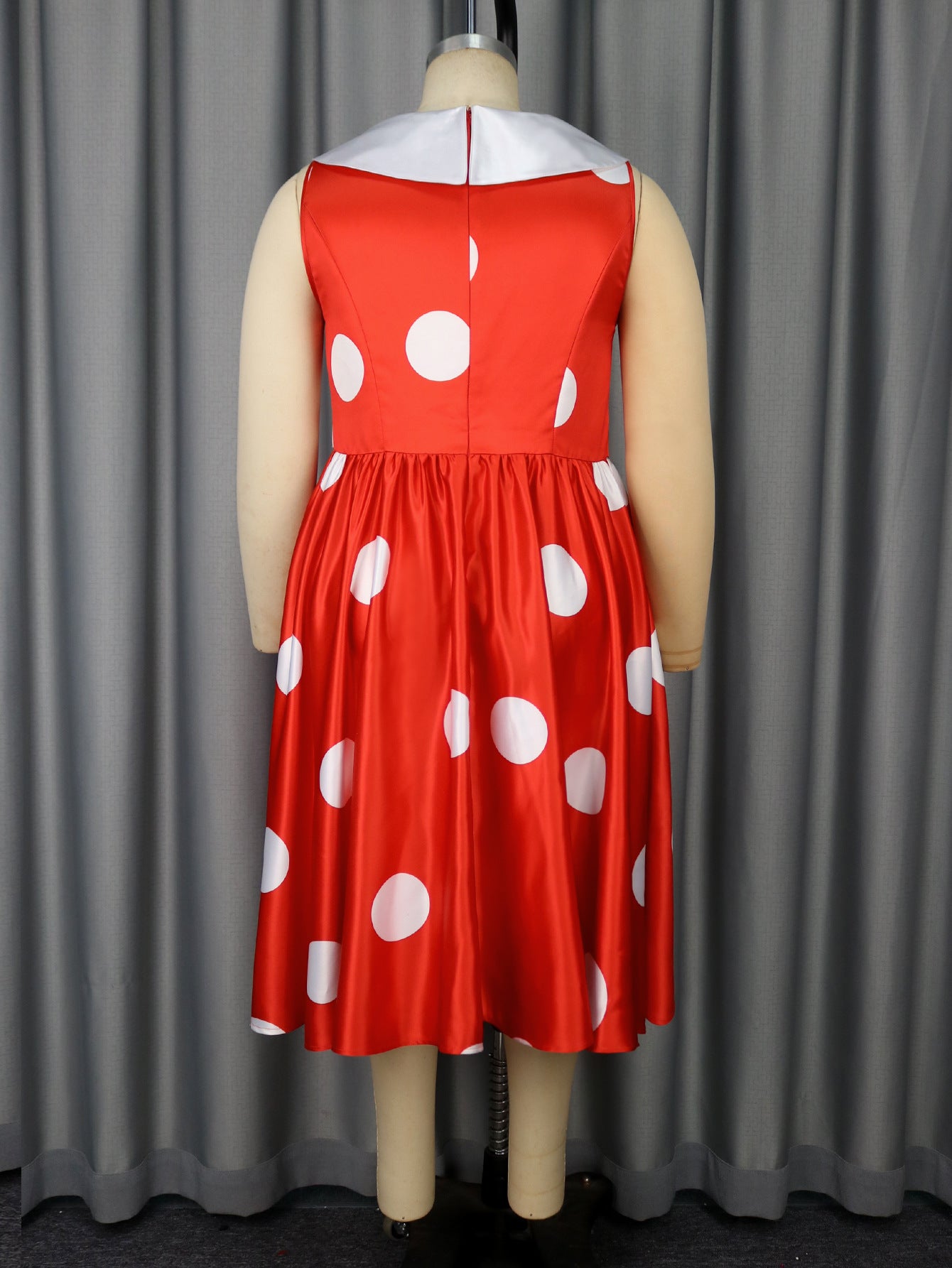 Plus Size Wedding Satin Turned-Down Collar Sleeveless Polka Dot Party A-Line Dress 6
