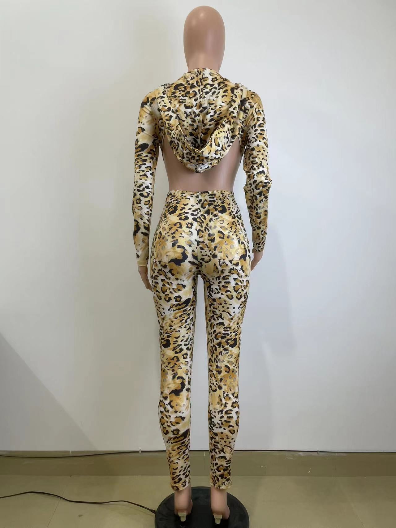 Women Autumn and Winter Leopard Backless Hooded Jumpsuit 13