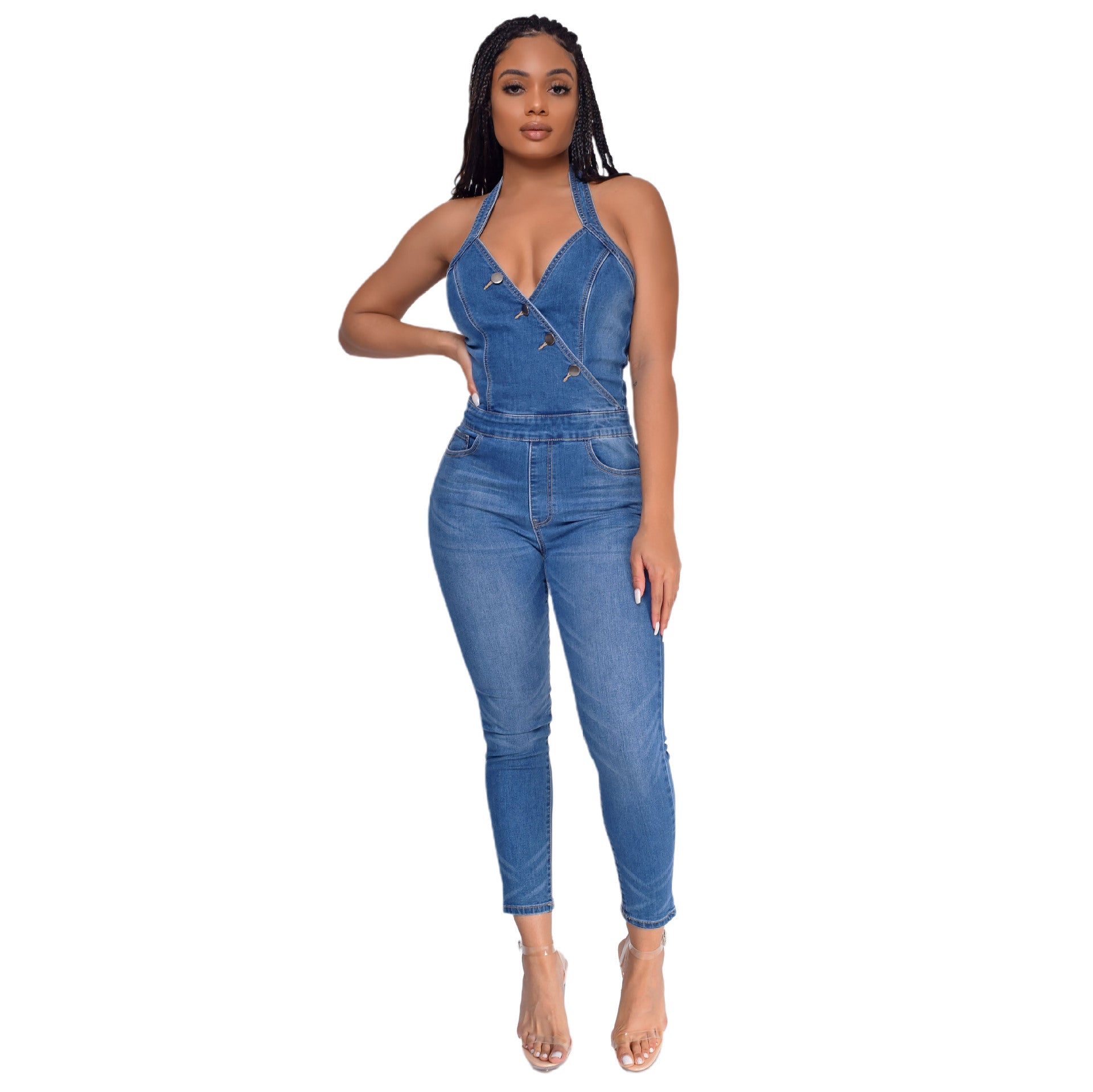 Women Slim Sleeveless Halter Neck Denim Jumpsuit