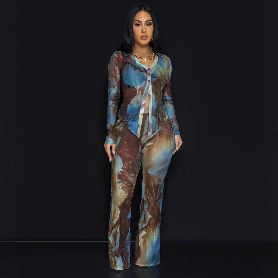 Women Sexy Button Printed Mesh Top and Bell Bottom Pants Two-Piece Set 5