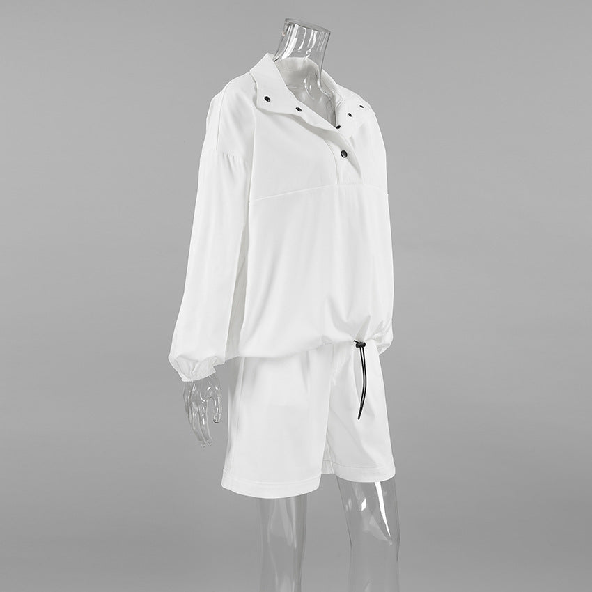 Women Spring and Summer Turndown Clar Lantern Sleeve Top and Shorts Two-piece Set 10