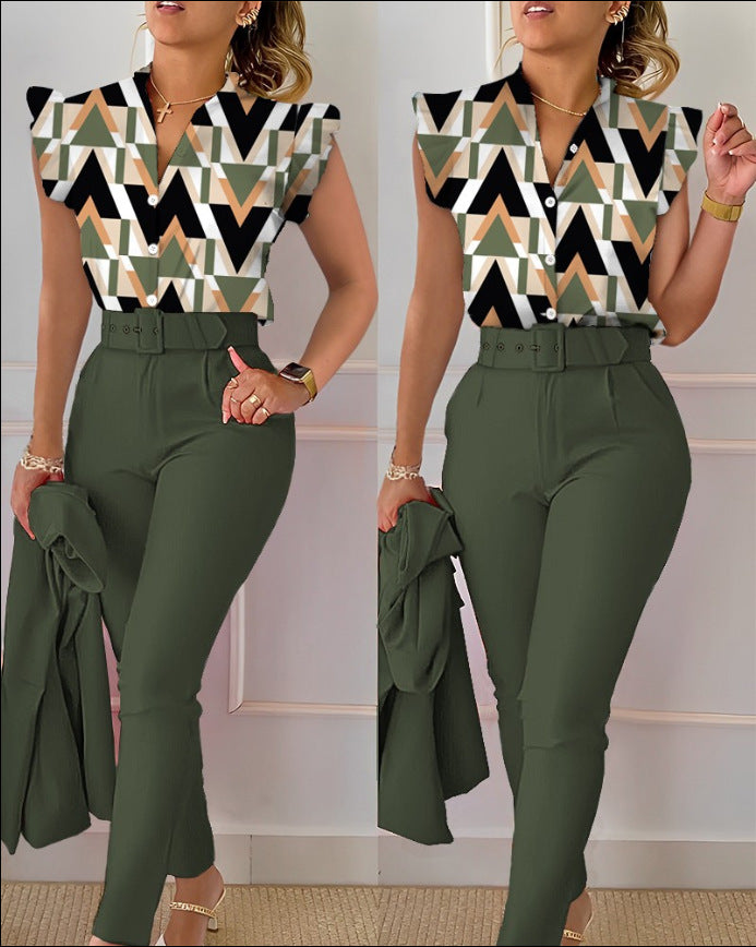 Stylish Printed Ruffle Sleeve Top Solid Color Pants Two Piece Set With Belt 37