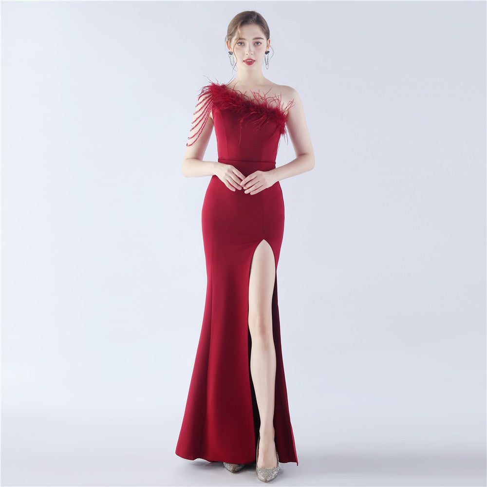 Women Elegant Beaded Ostrich Feather Satin Formal Party Maxi Evening Dress