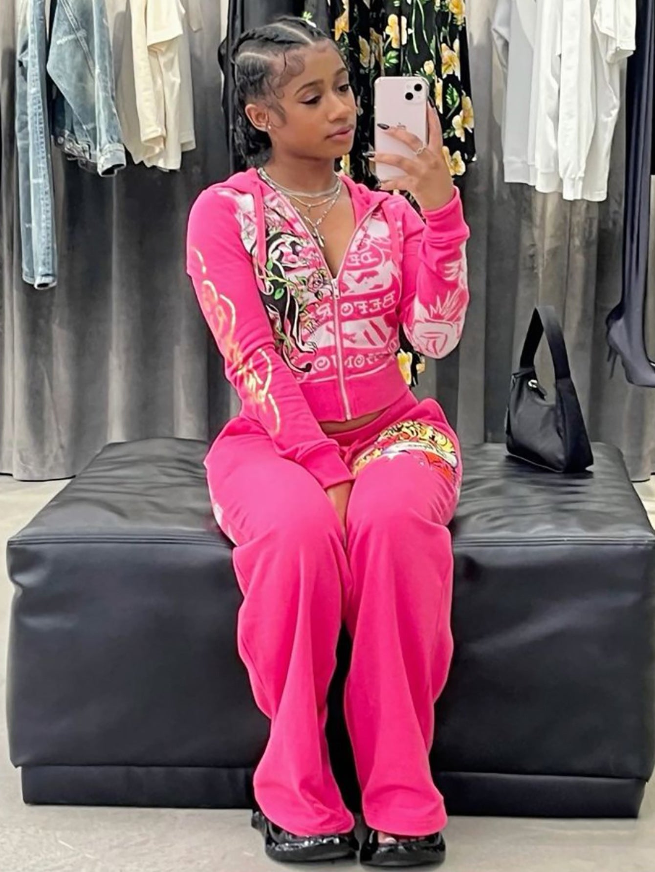 Women Printed Zipper Top and High Waist Straight Pants Two-piece Set