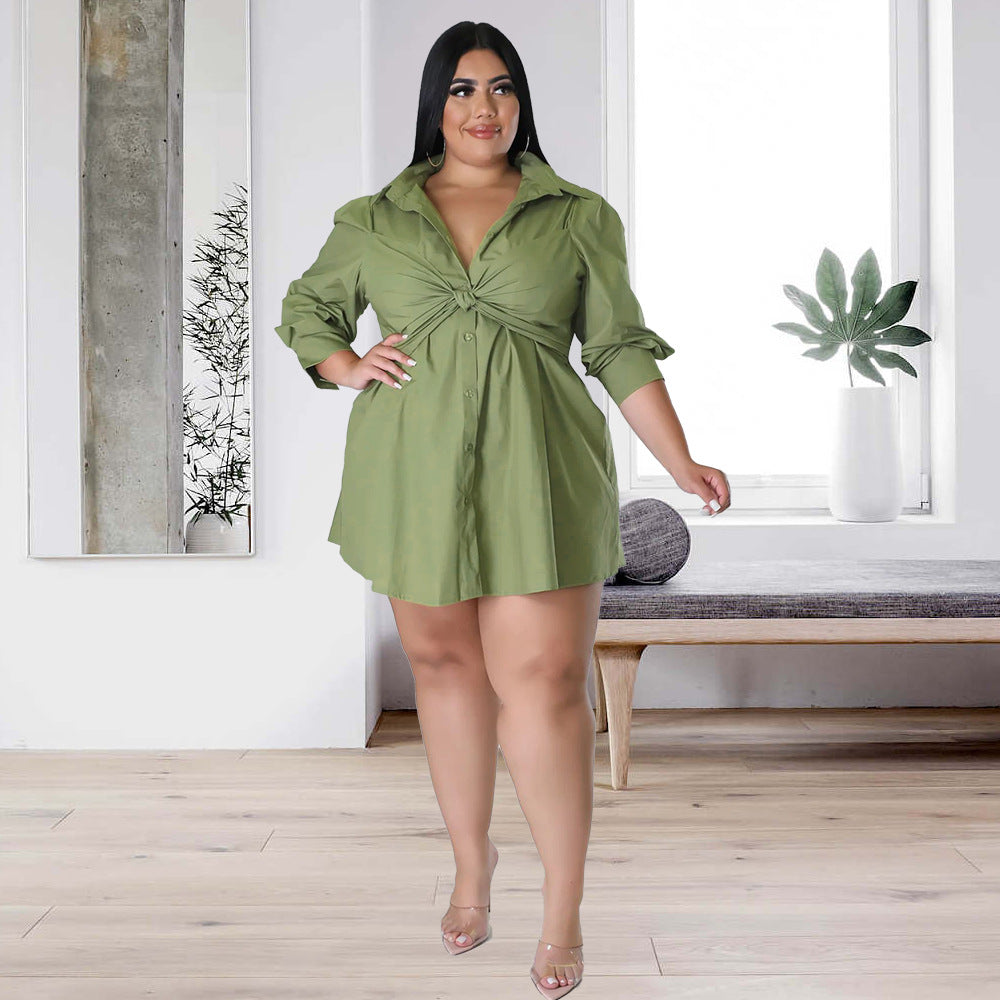 Plus Size Women Sexy Solid Tie Long Sleeve Shirt Dress 4