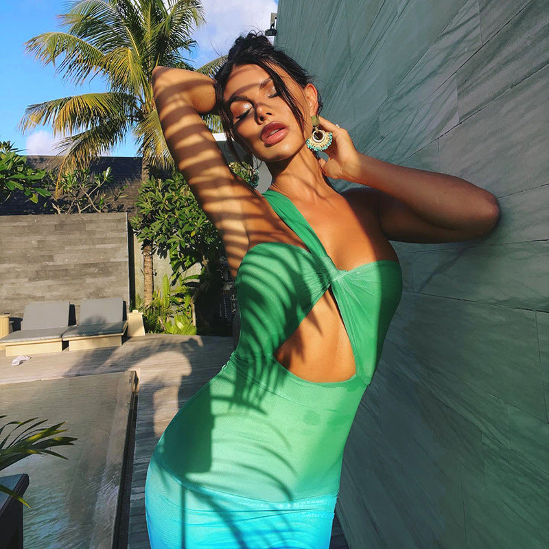 Women's Summer Chic Elegant One Shoulder Hollow Gradient Slim High Waist Long Dress 4