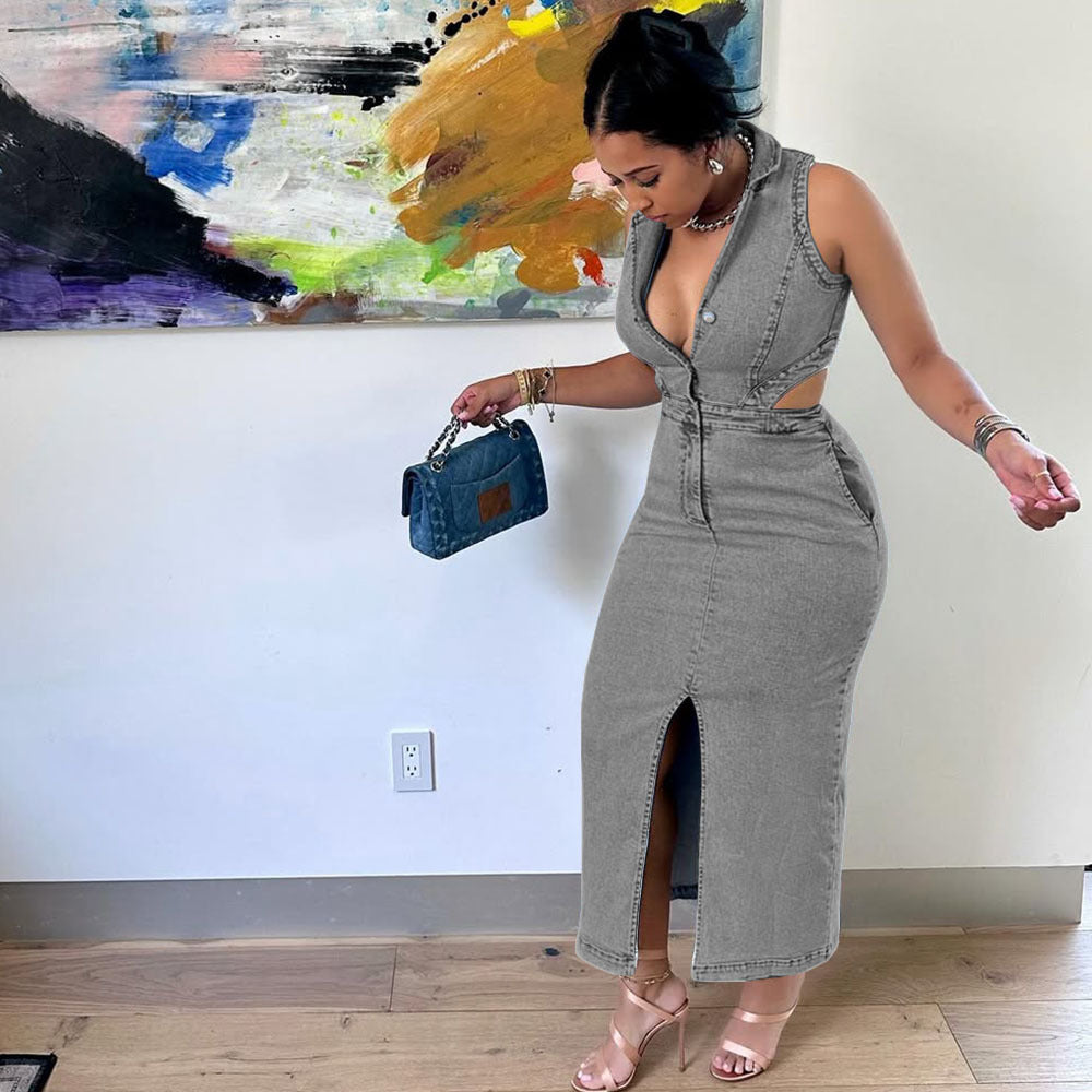 Women's Autumn Winter Fashion Single Breasted Sleeveless Halter Neck Stretch Long Dress 3