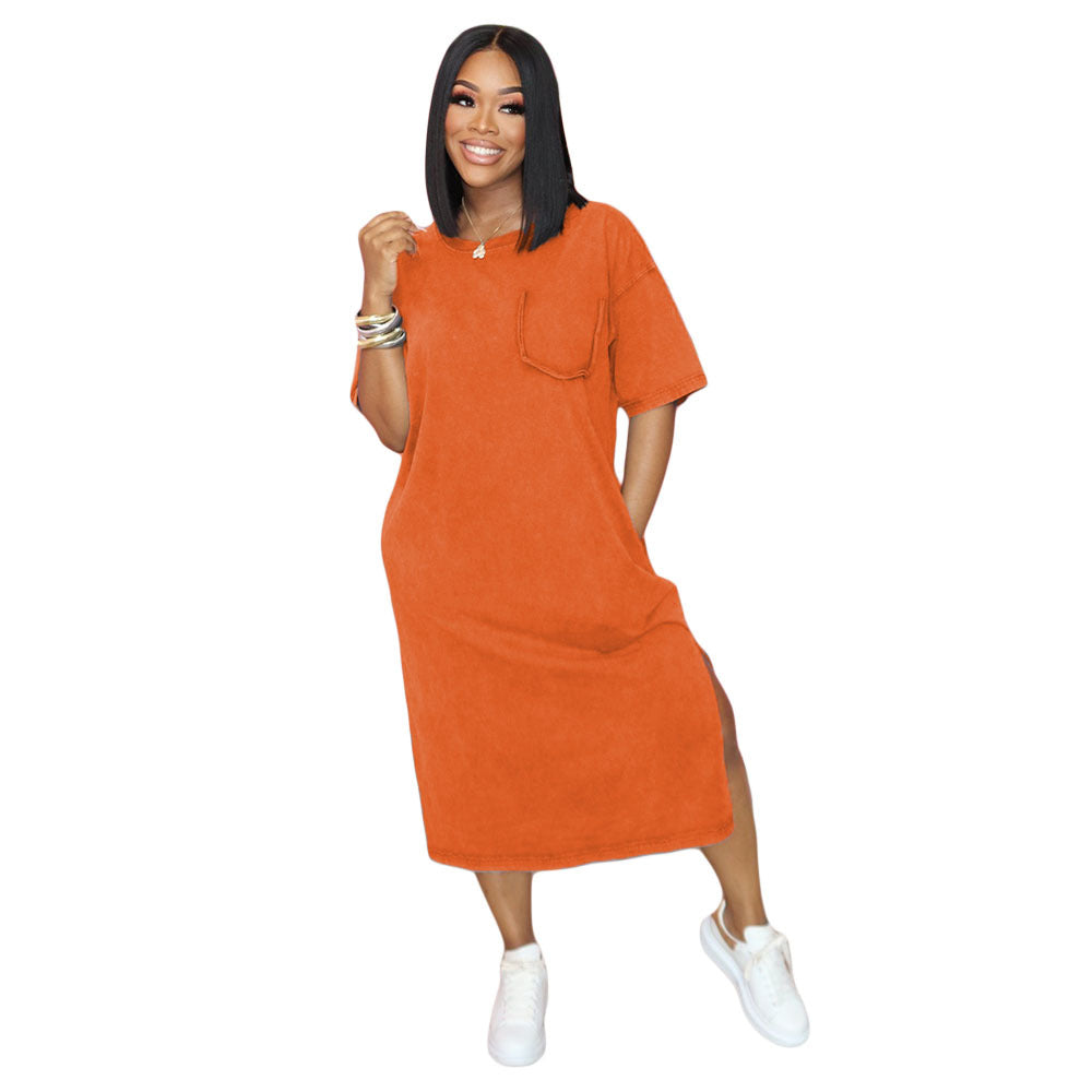 Women's Fashion Pocket Loose Solid Color Short Sleeve Dress 3