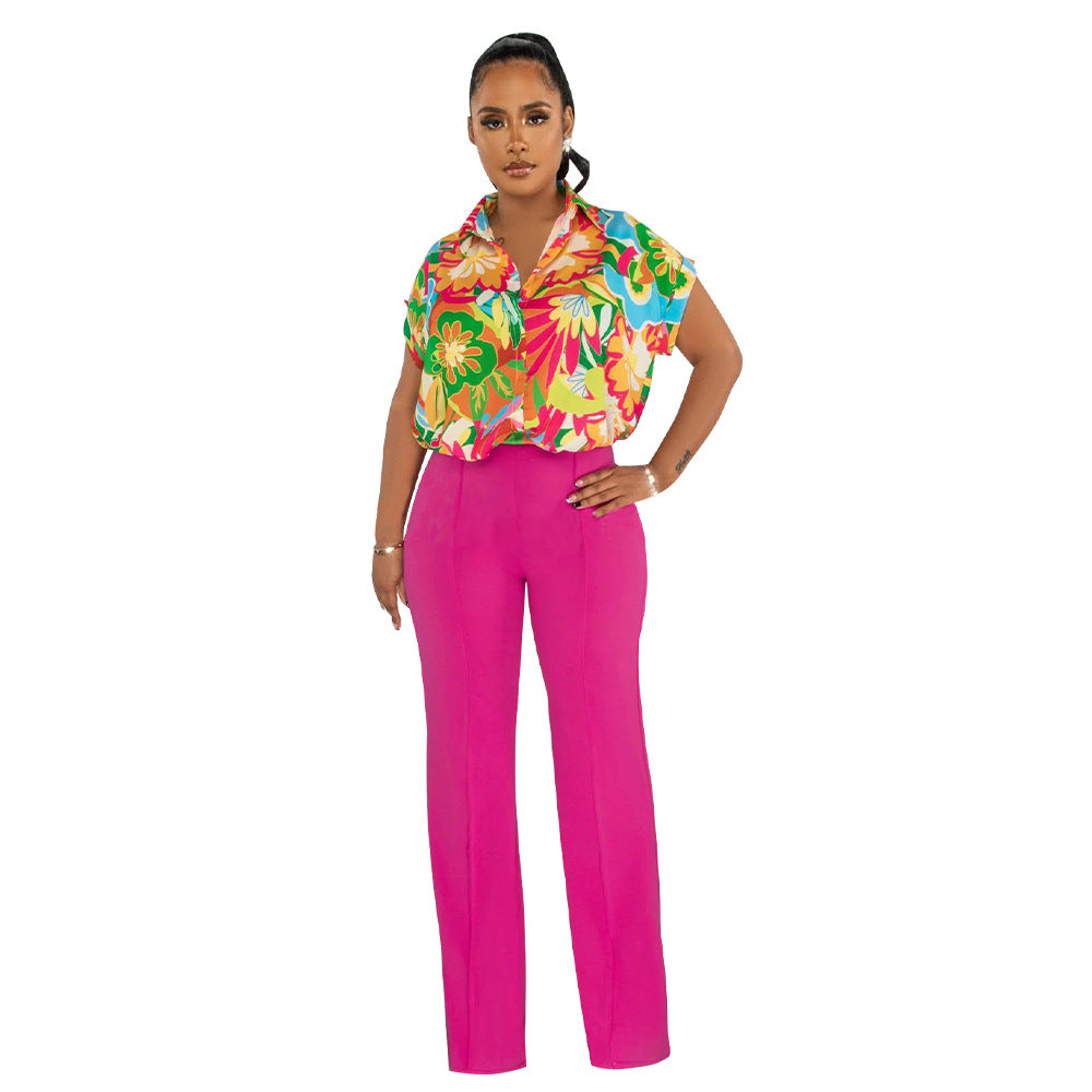 Women's Fashion Summer Printed Shirt Straight Leg Pants Suit For Women 10
