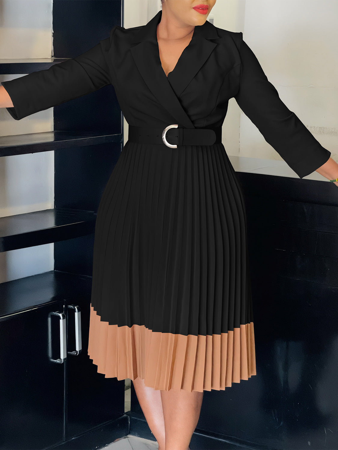 Women's Spring Turndown Collar Fashion Colorblock OL Elegant Pleated High Waist African Dress