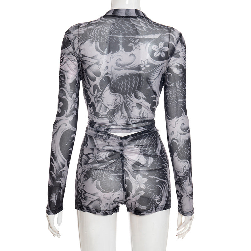 Women's Summer Autumn Zipper Round Neck See-Through Print Long Sleeve Two Piece Shorts Set 20