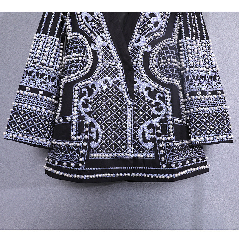 Women French Vintage Beaded Print V-Neck Casual Jacket 6