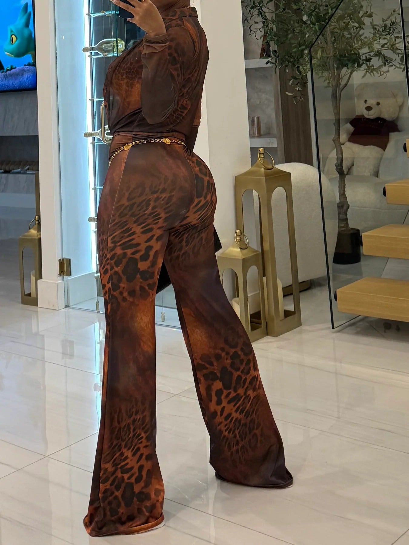 Women Printed Mesh Turndown Collar Long-Sleeved Button Top and Bell Bottom Pants Two-Piece Set 7