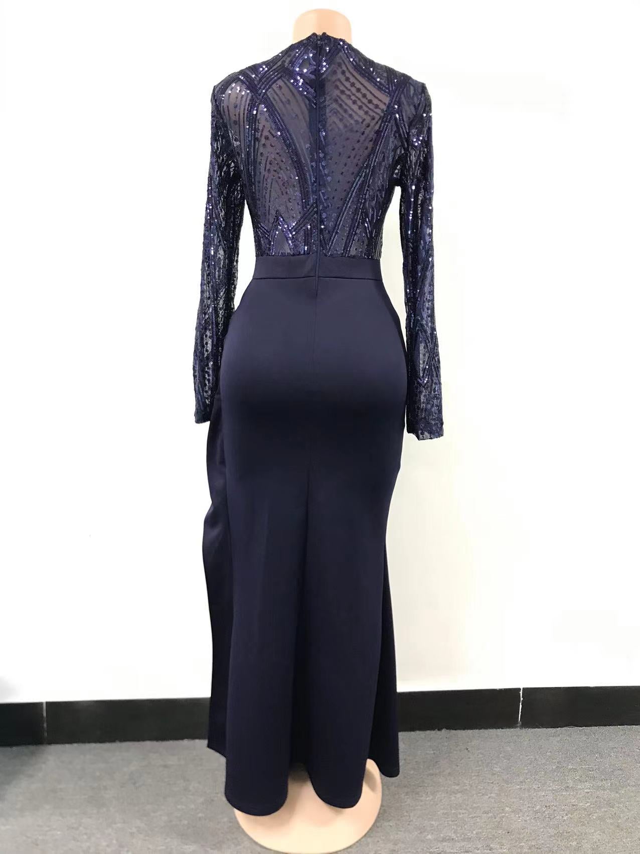 Women Elegant Long Sleeves Sequins Slit Evening Dress 17