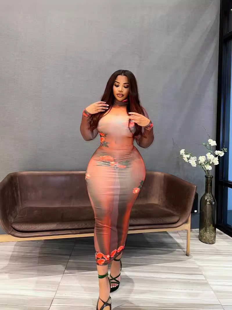 Women Round Neck Long Sleeve Printed Dress 7