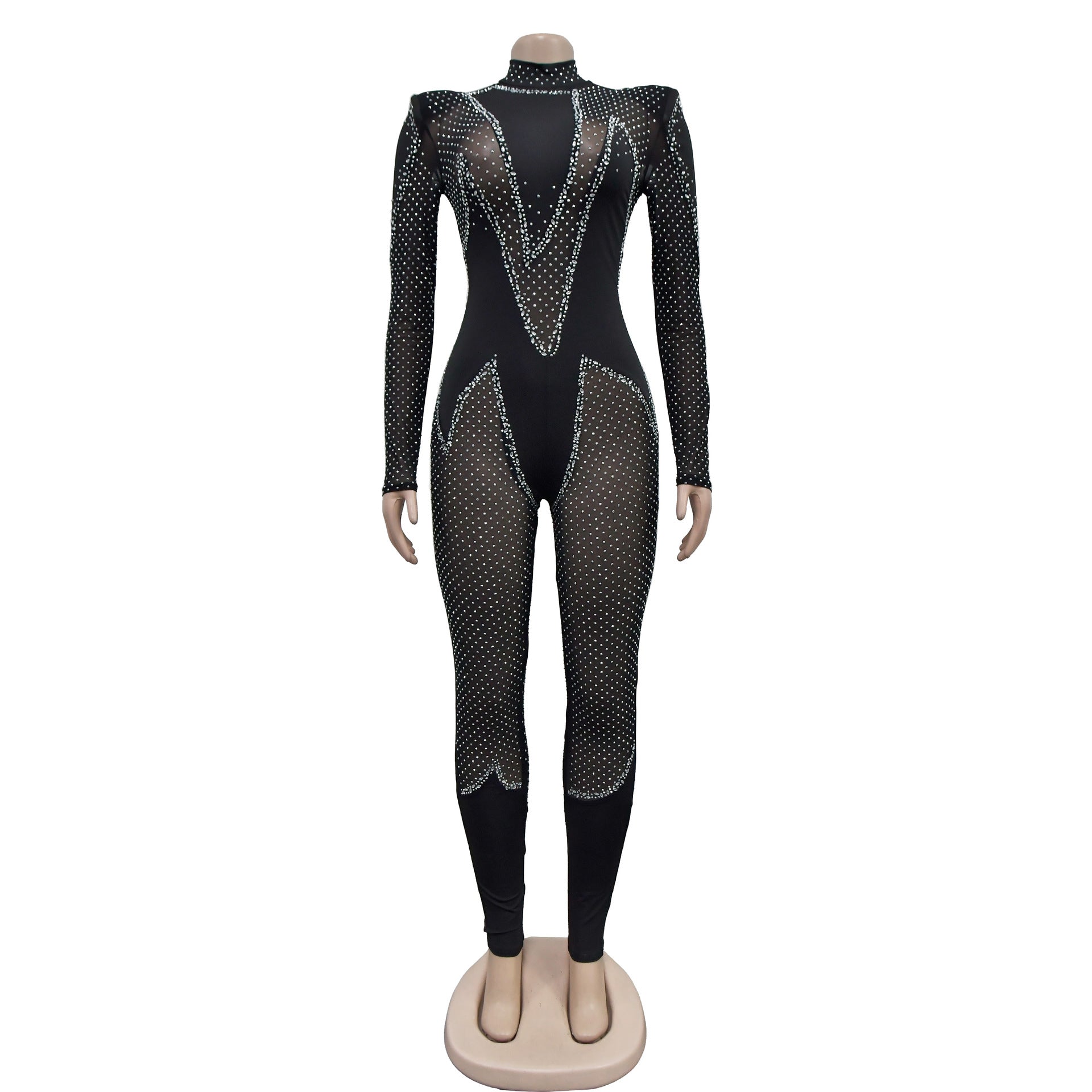 Fashion Women's Solid Color Beaded Mesh Long Sleeve Jumpsuit 5