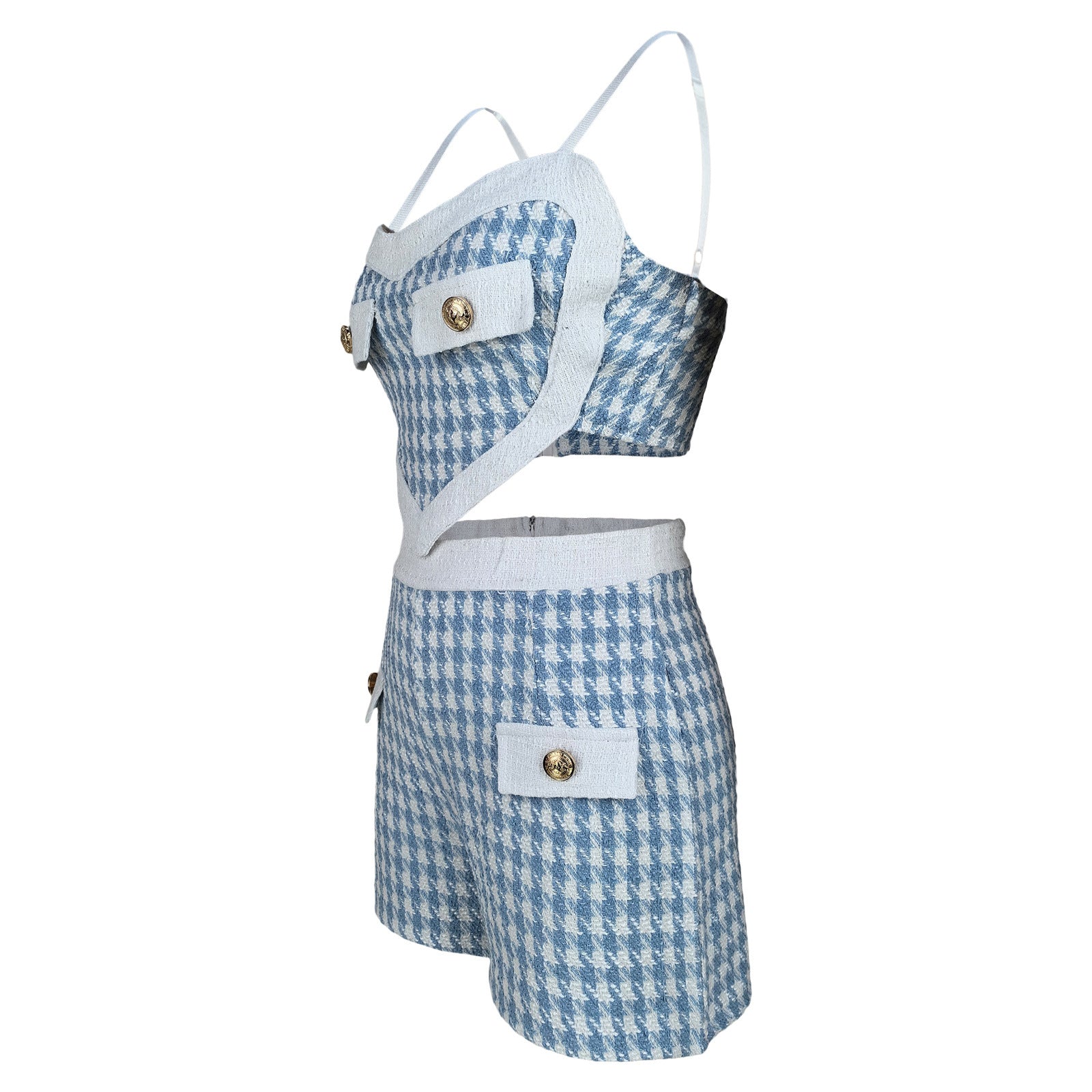 Women Houndstooth Sexy Crop Top and Shorts Two-piece Set 13