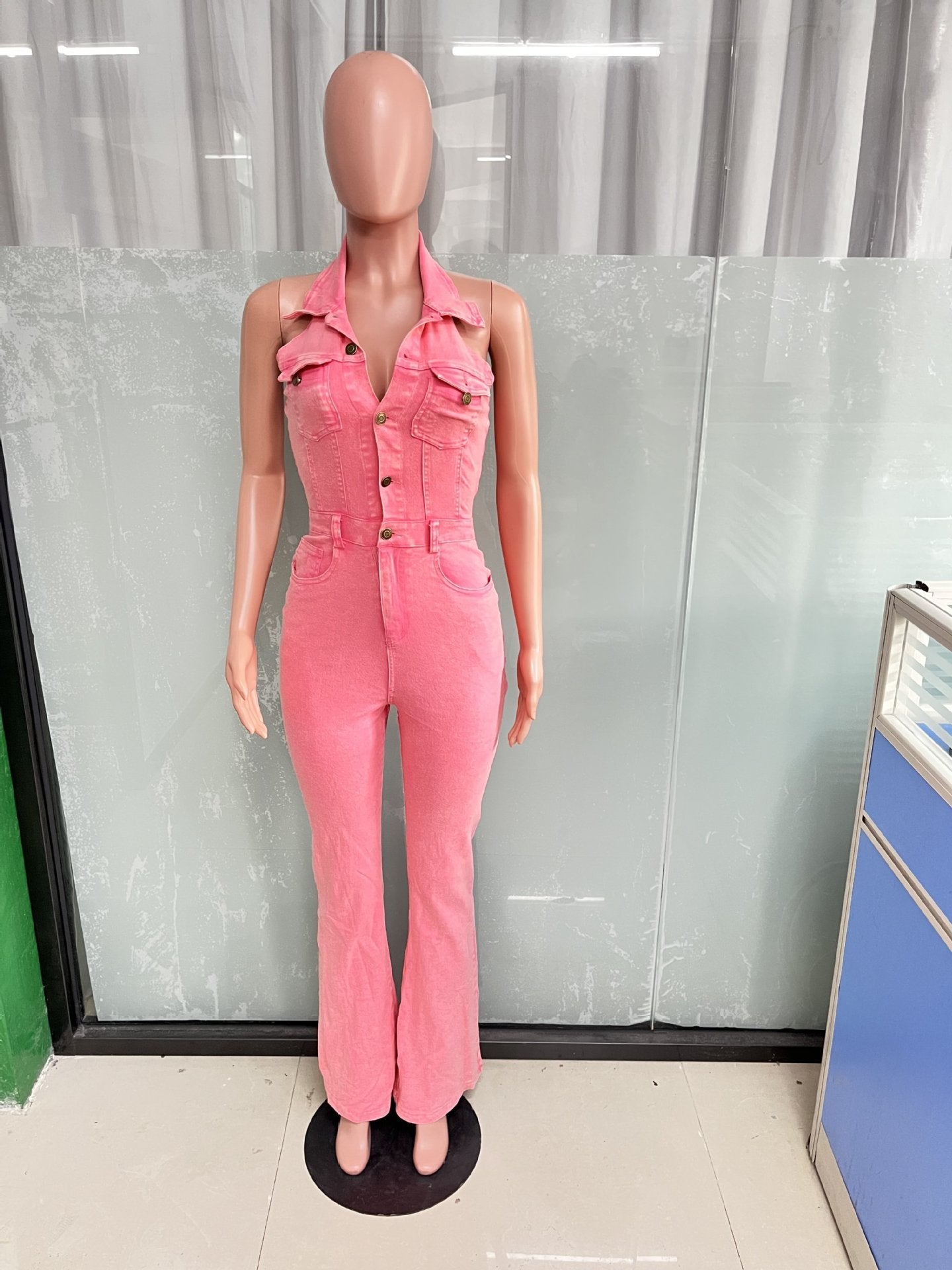 Women Denim Stretch Sexy Backless Turndown Collar Cargo Jumpsuit 10