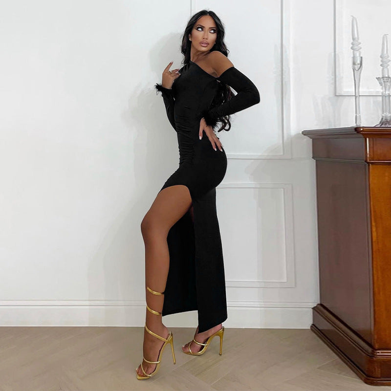 Spring Solid Color Slash Shoulder Feather Patchwork Sexy Slit Slim Dress 7