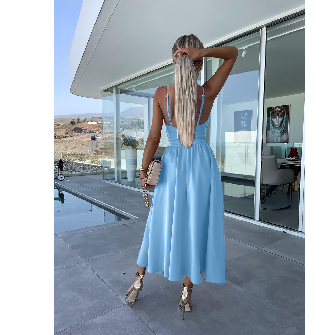 Women Summer V Neck Hollow Slit Suspender Dress 52