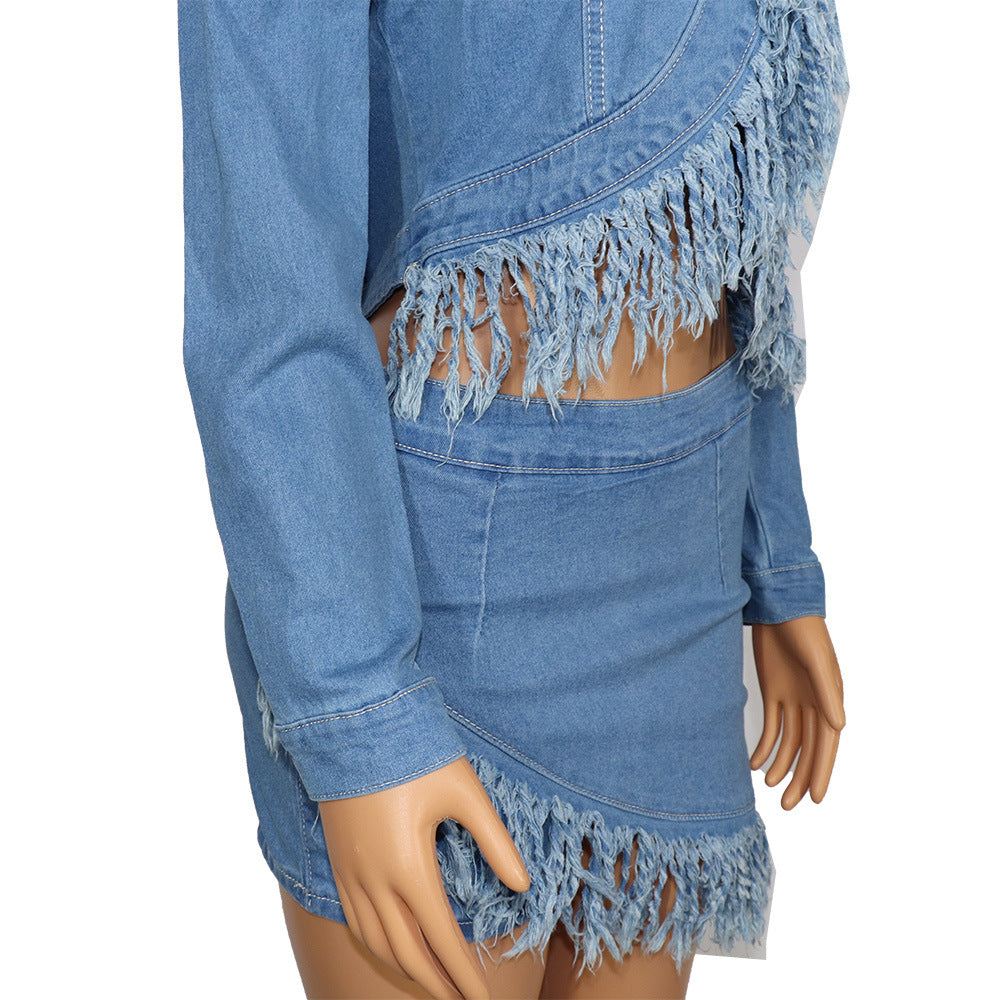 Women Denim Casual Stretchy Tassel Top and Skirt Two-Piece Set 10