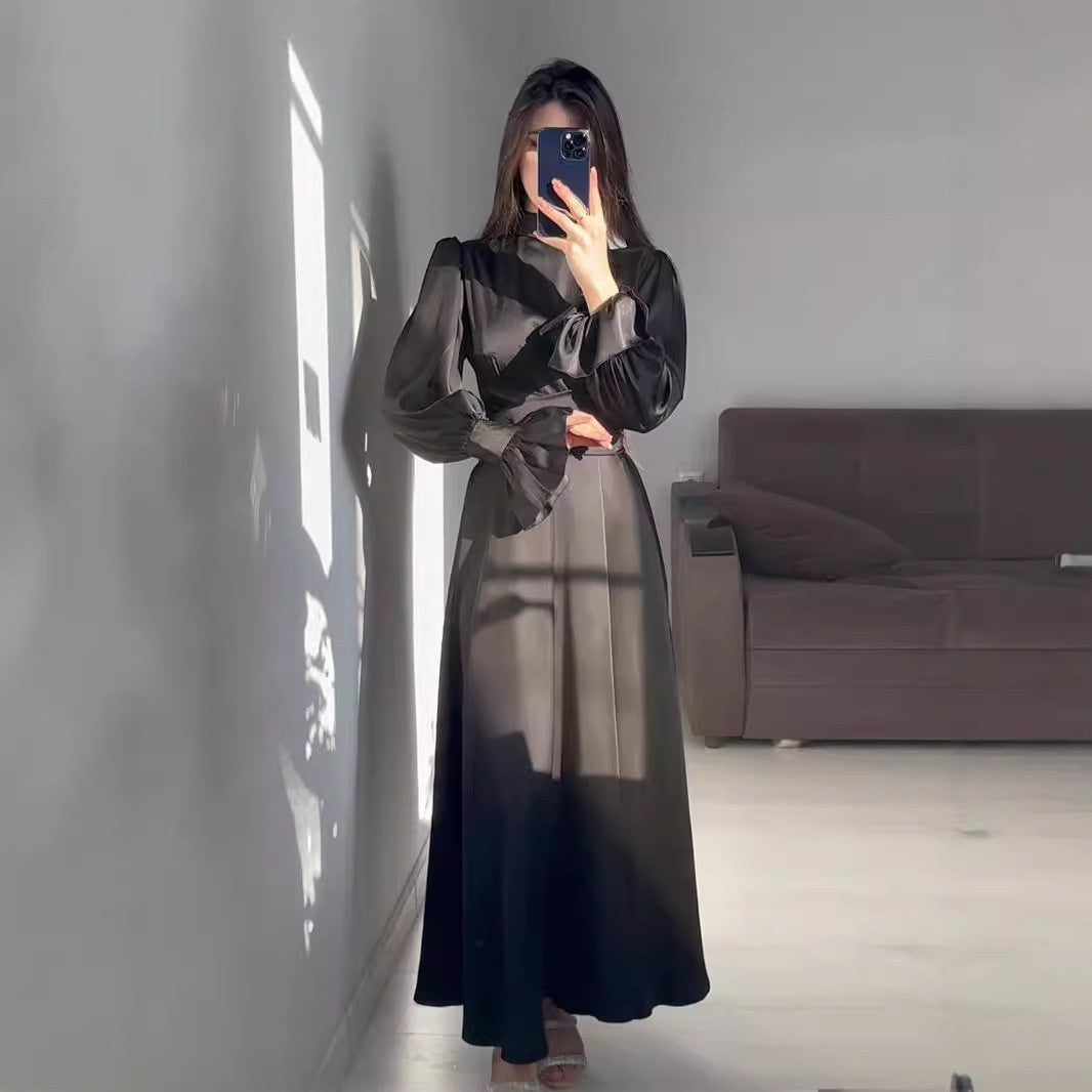 Spring And Autumn Long Sleeve Slim Waist Puff Sleeve Solid Color Satin Dress