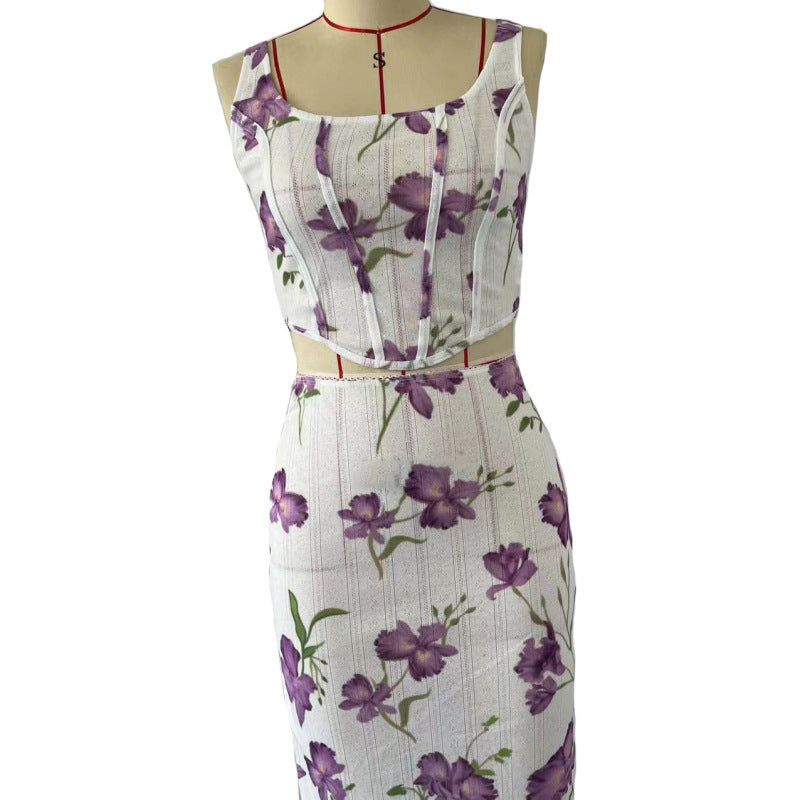 Women's Sexy Printed Camisole Slim Bodycon Skirt Two Piece Set 6