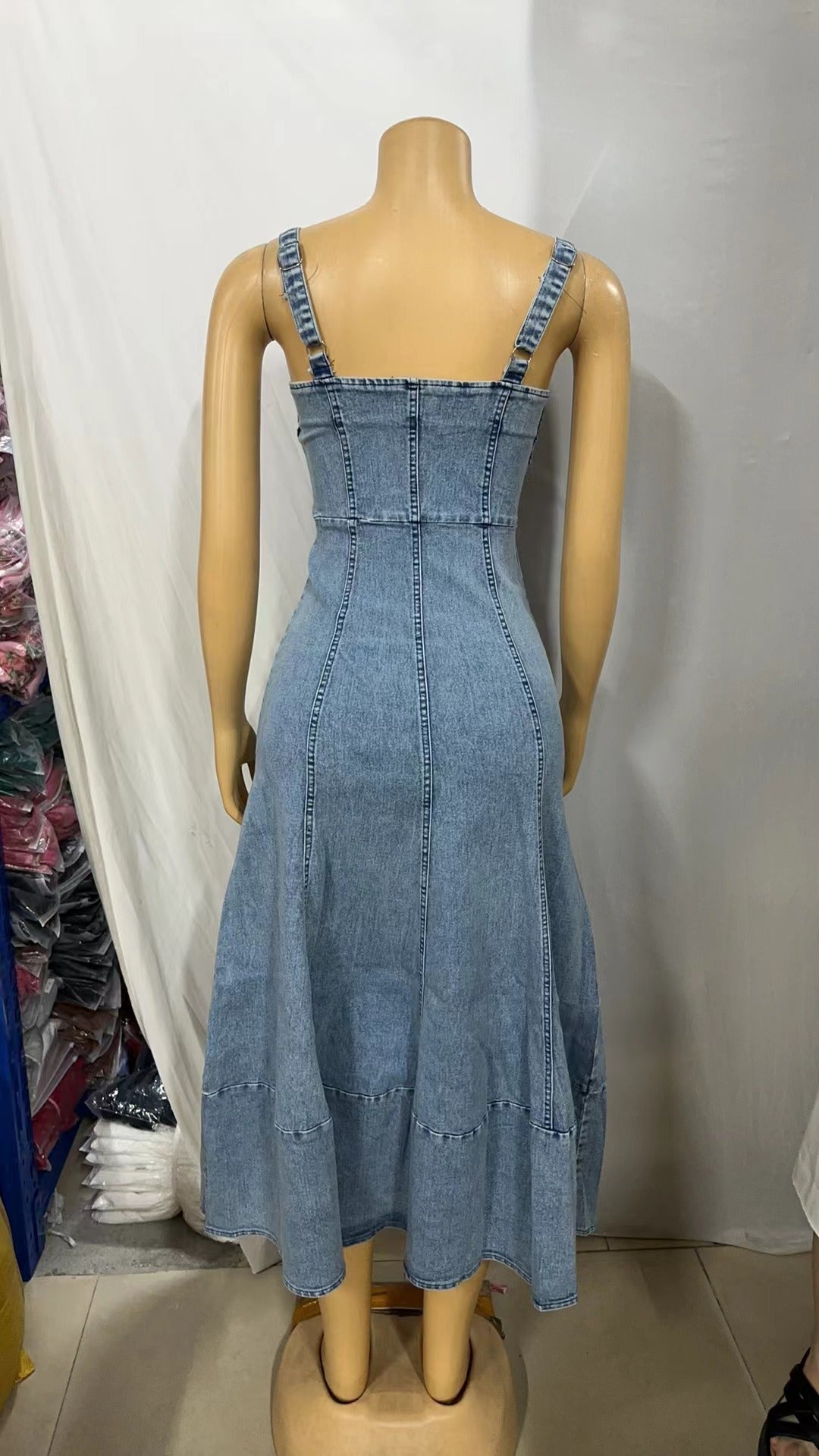 Summer Strap Low Back High Waist Zipper Slim Denim Dress 4