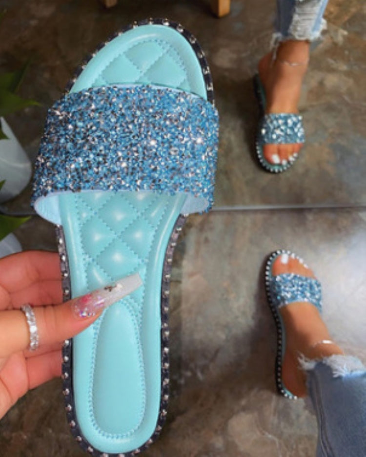 women Round head flat bottom rhinestone slippers beach slippers Plus Size one-line rhinestone slippers 5