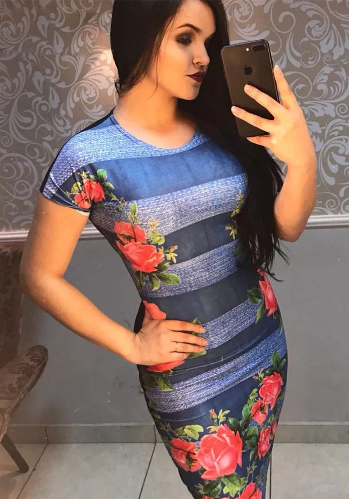 Short-Sleeve Round Neck Striped Color-Block Printed Sexy Bodycon Mini Dress