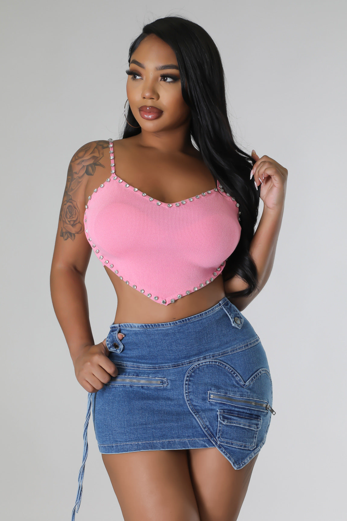 Women Sexy Heart Print Pocket Denim Bodycon Mini Skirt 3