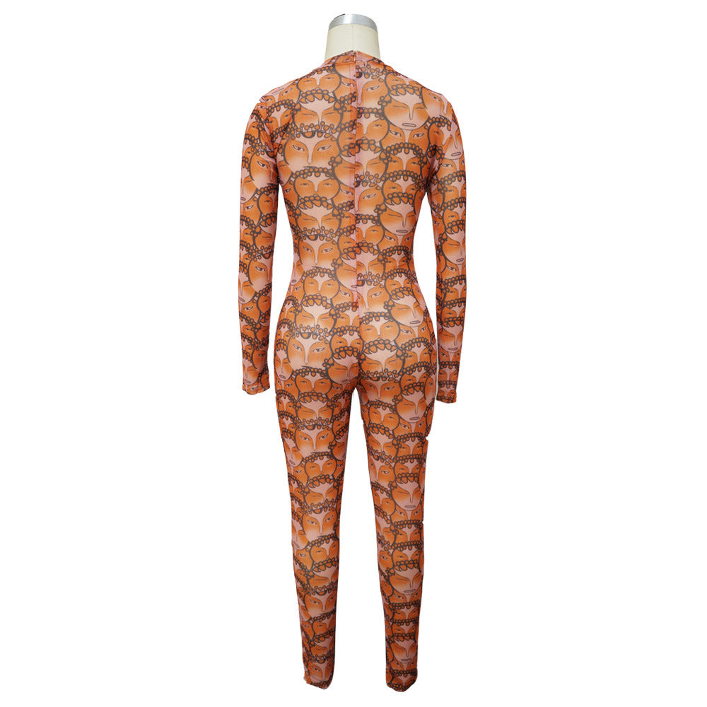 Women Printed Sexy See-Through Jumpsuit 11