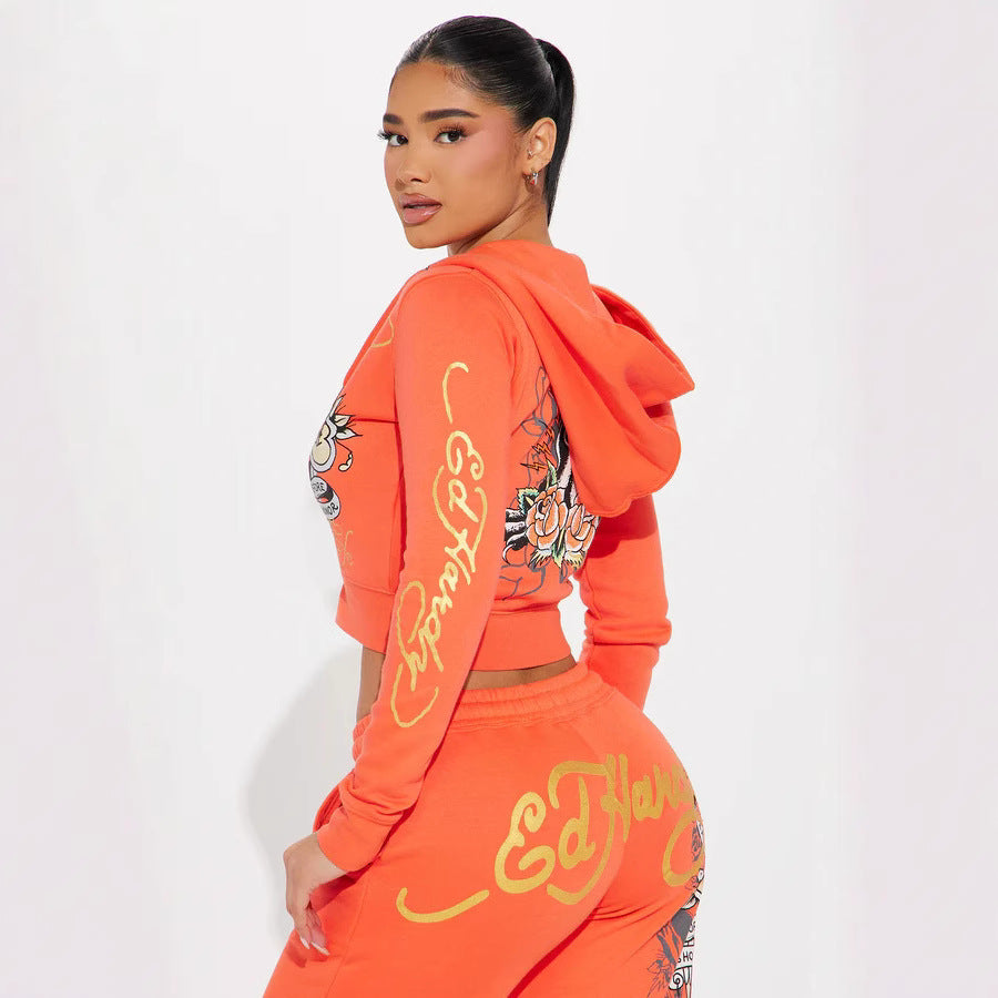 Women's Spring Print Hooded Zipper Two Piece Tracksuit 3