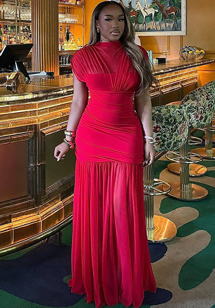 Women's Chic Elegant Mesh Patchwork Red Trendy Fashion Long Dress