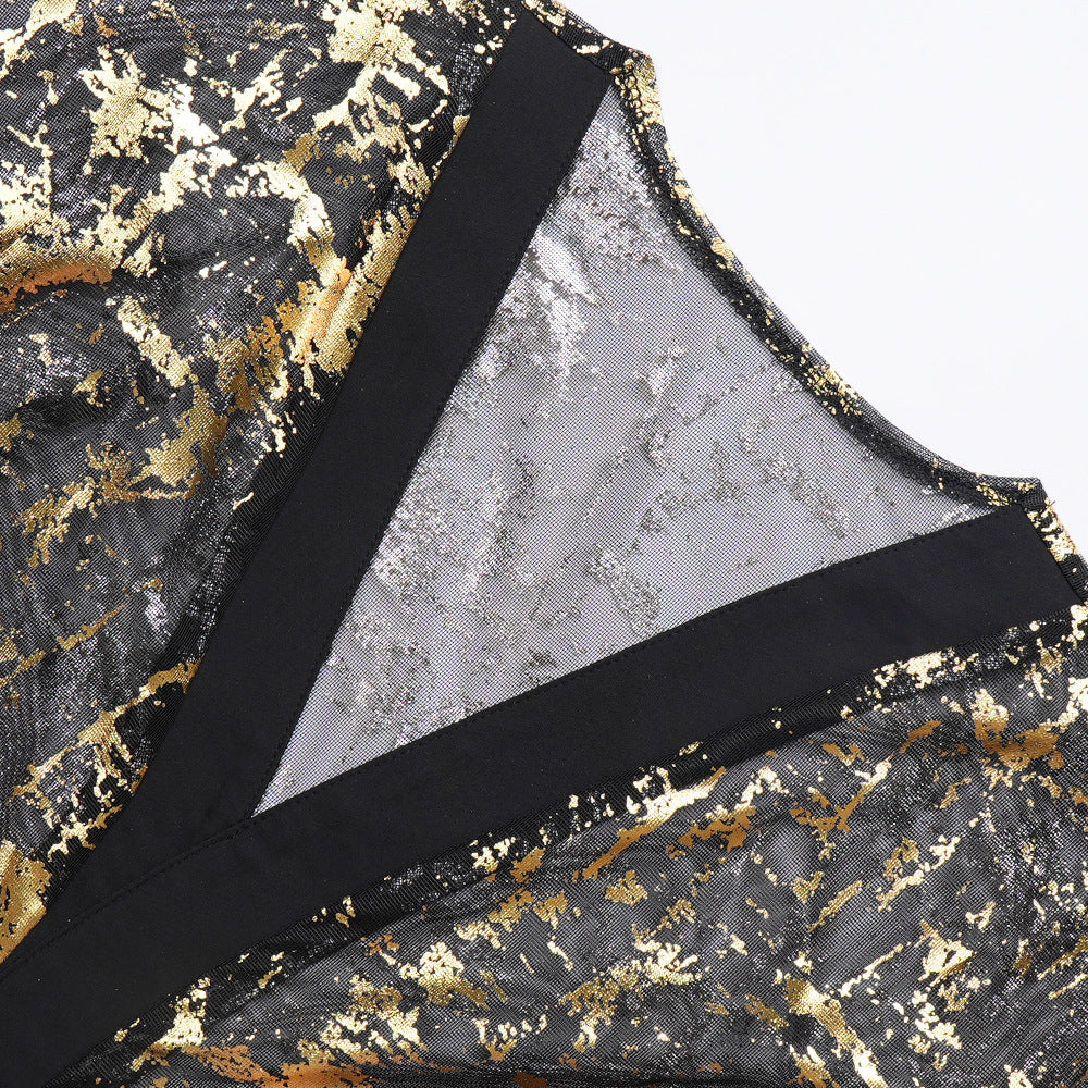 African Plus Size Women's Shiny Mesh Dress Strap Solid Basic Dress Two Piece Set 13