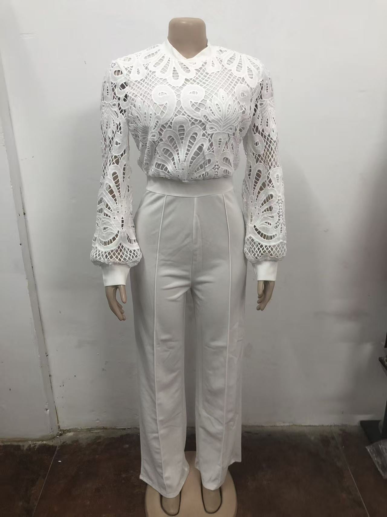 Women's Style Lace Trim Patchwork Long Sleeve Casual Wide-Leg Jumpsuit 6