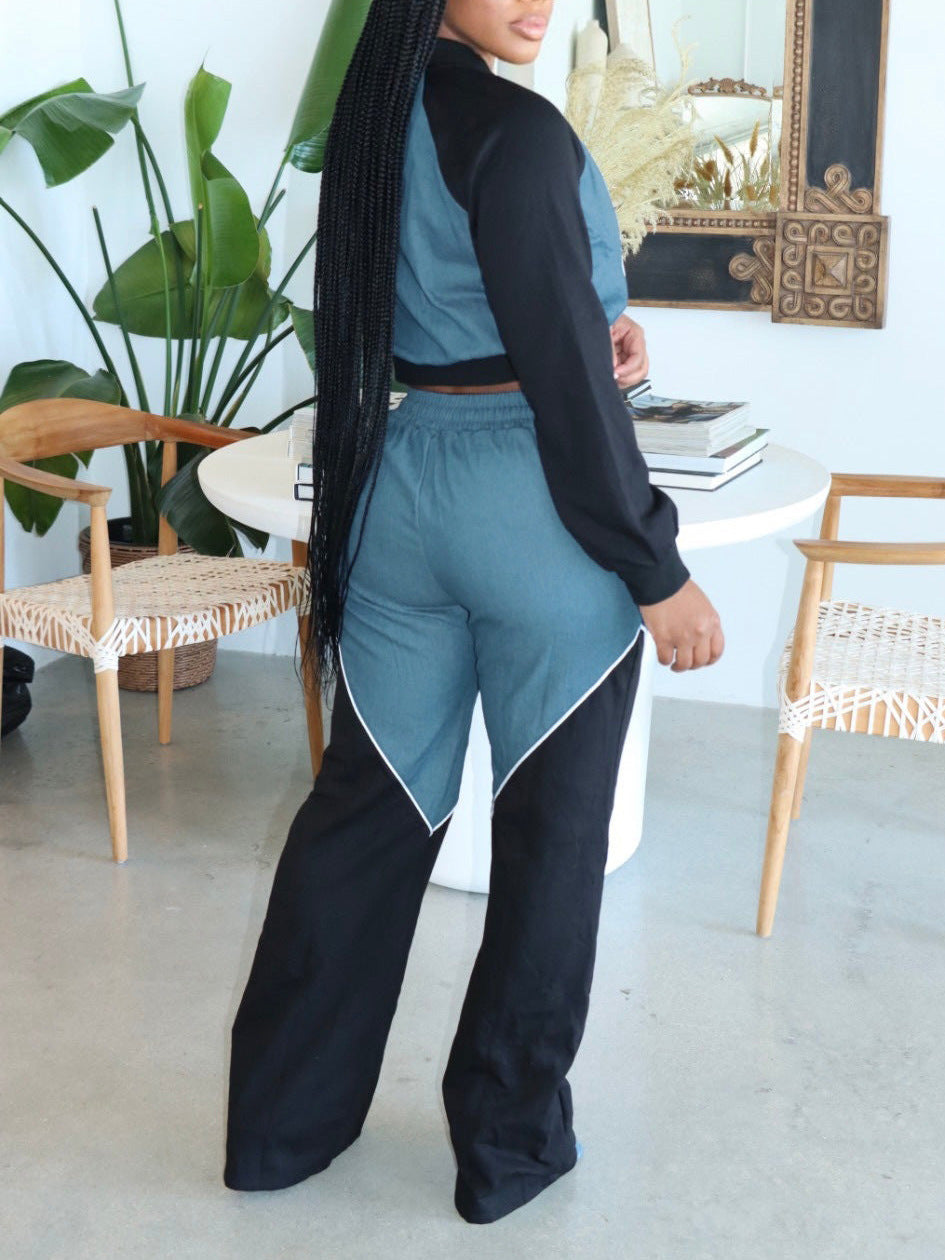 Women Denim Patchwork sports Hoodies and Pants two-piece set