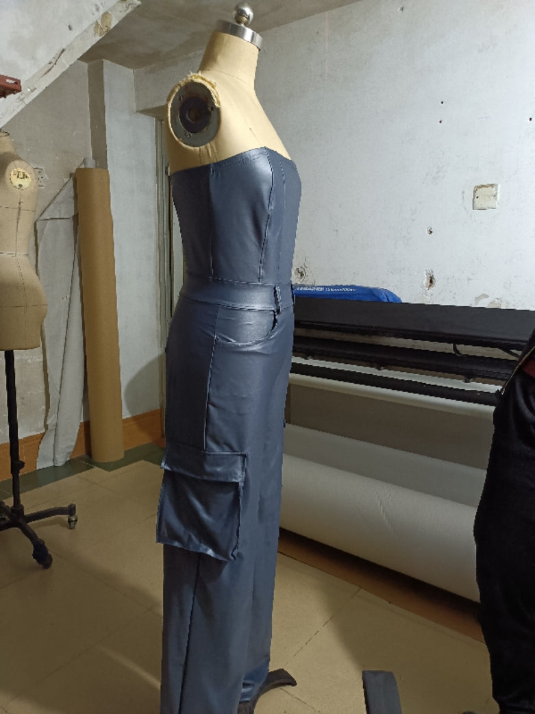 Women's Sexy Strapless Tight Fitting Slim Waist Pu Leather Jumpsuit 7