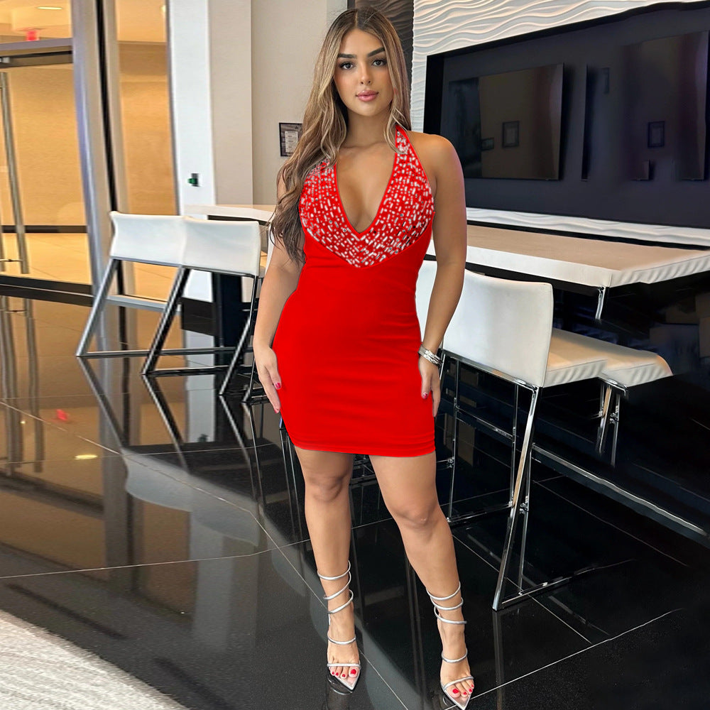 Women Sexy V-Neck Halter Neck Beaded Party Bodycon Dress 6